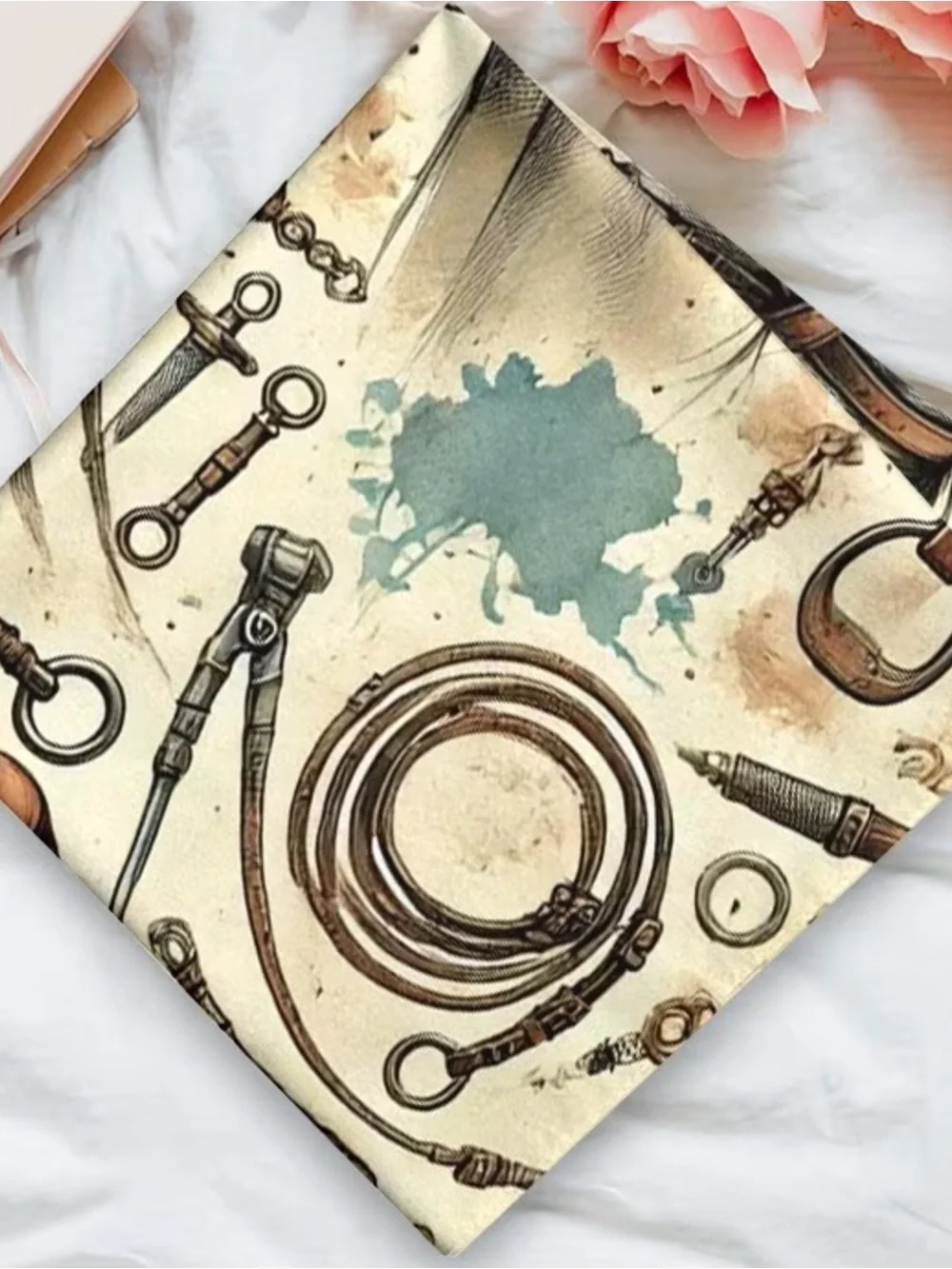 Equestrian Horse Print Silk-Feel Scarf - Cream & Teal